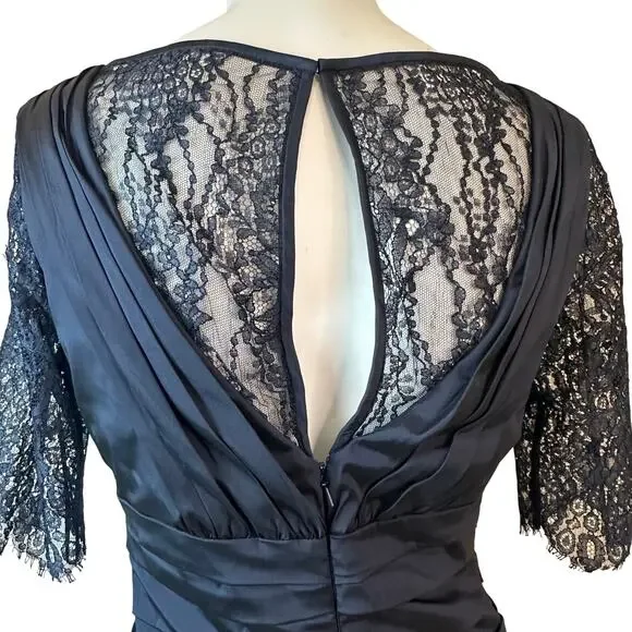 Theia Lace Sleeve Ruched Evening Dress 881865 Midnight Blue Mermaid Gown $748 8 - Picture 6 of 15